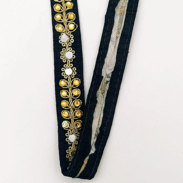Black Art Silk Trim With Kundan Stones, Beads And Mirrors Embellishments, Approx. 22mm